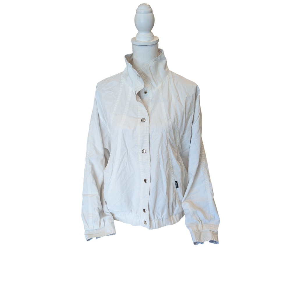 IZZI Reversible Jacket Womens White Gray Geometric Pattern Snap Front Pockets L